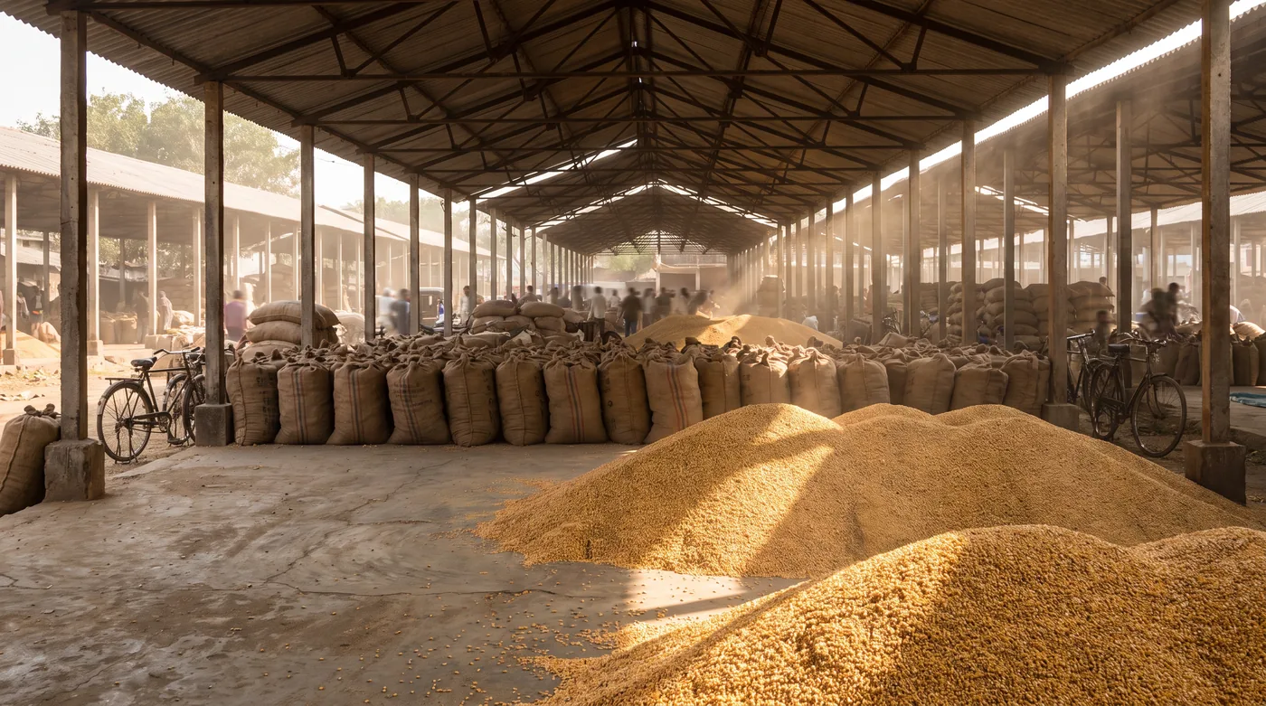 Heaps of golden maize grain and stacked jute sacks inside an Indian agricultural mandi shed