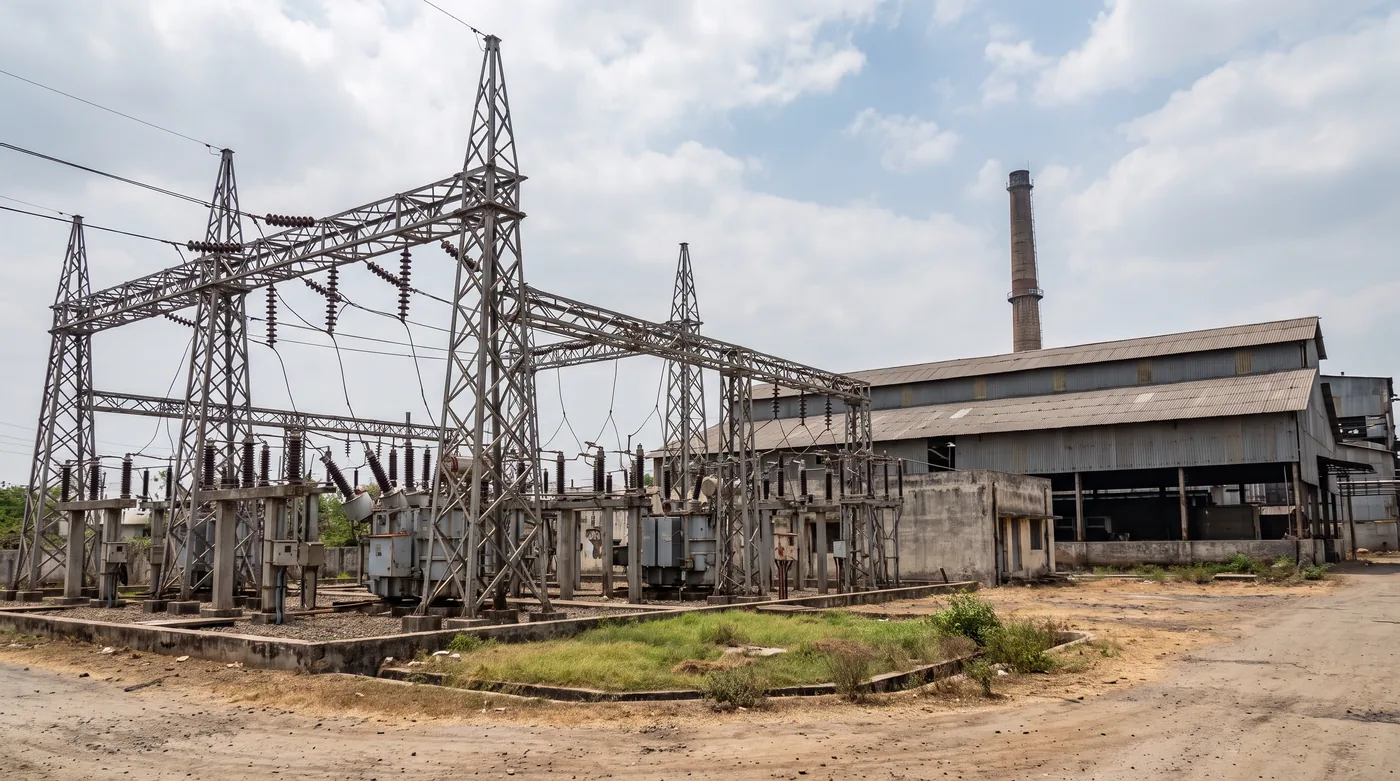 High-voltage substation switchyard with transmission towers next to an industrial factory shed in India